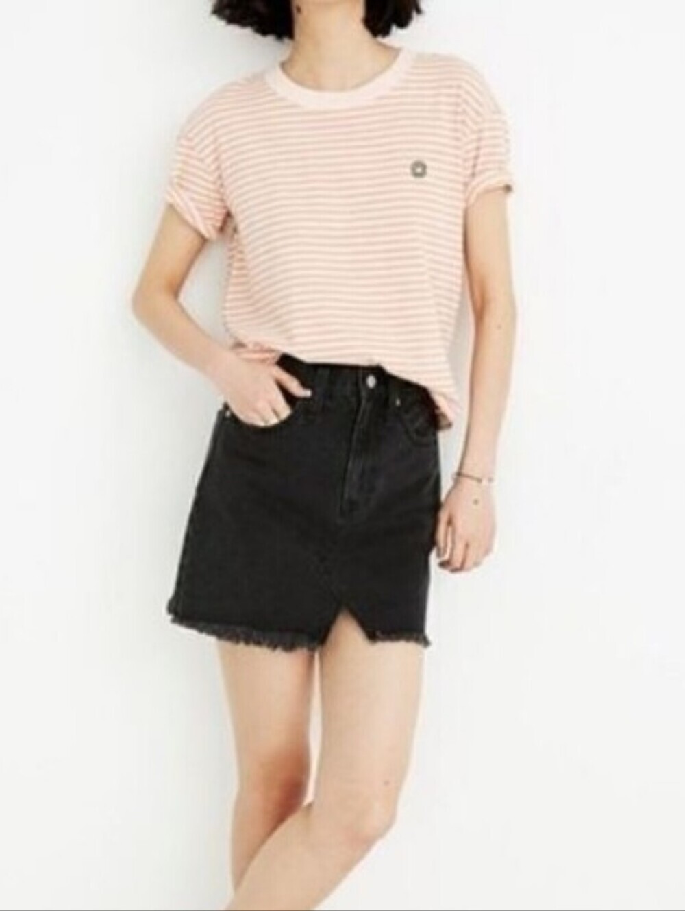 Madewell A Line Raw Hem Notched Cutout Black Denim Jean Mini Skirt Size 26